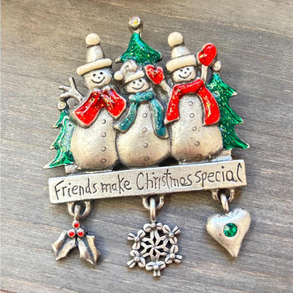 Clearance: Vintage Snowman Brooch Silver With Red And Green Enamel Accents